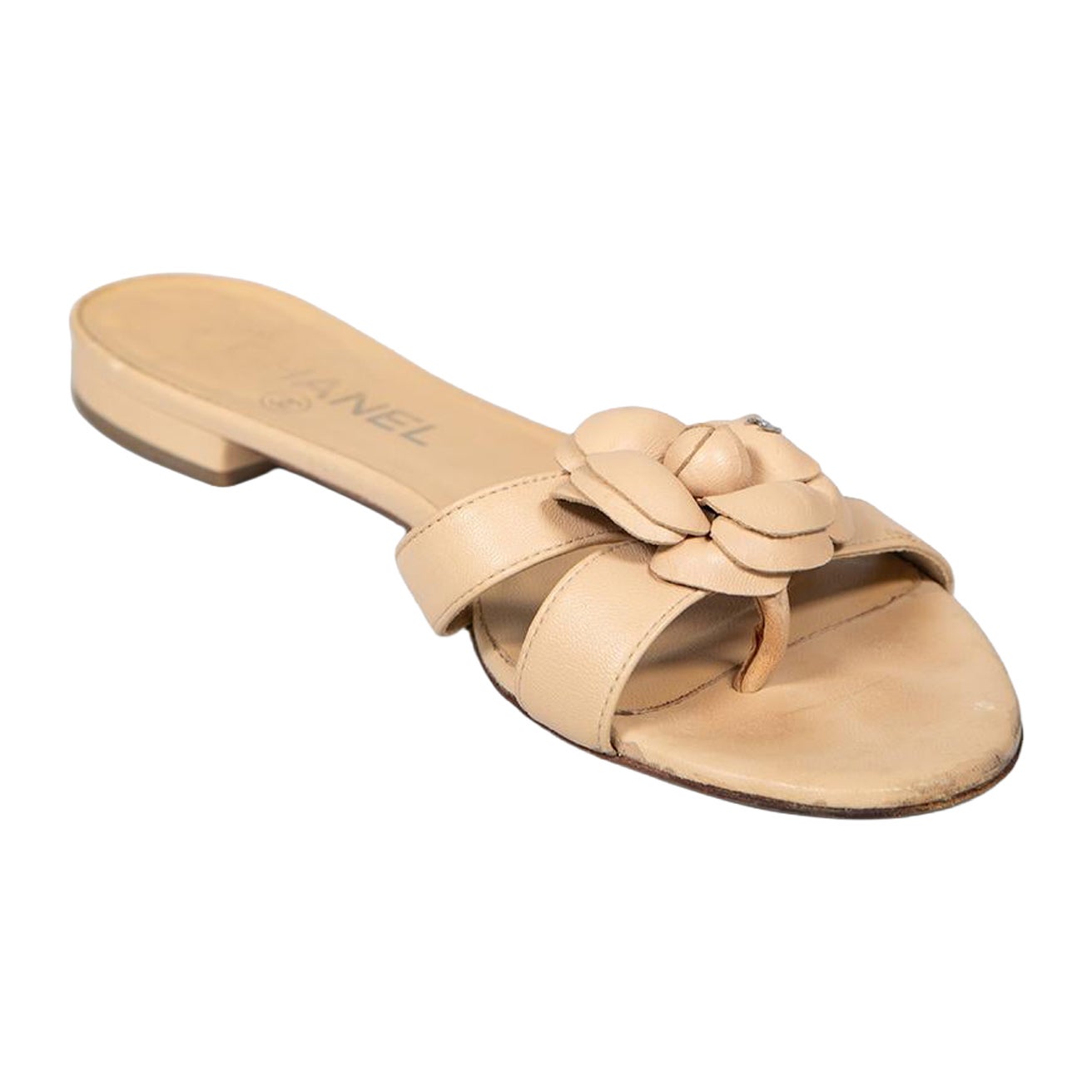 Chanel Beige Leather Camellia Sandals Size IT 37