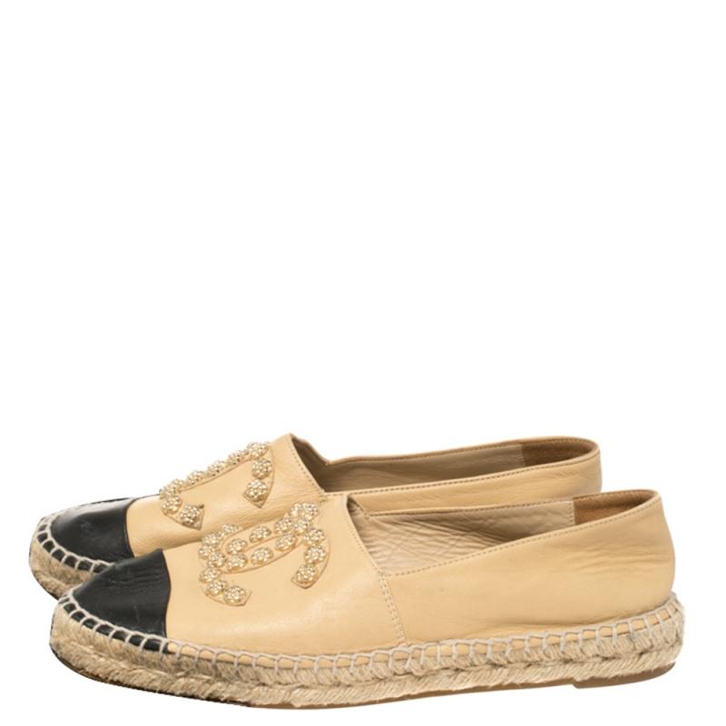 Women's Chanel Beige Leather Camellia Studded Espadrilles Size 39