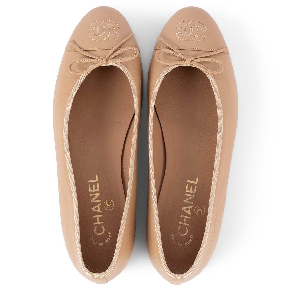 CHANEL beige leather CC Ballet Flats Shoes 38.5 fit 38 1