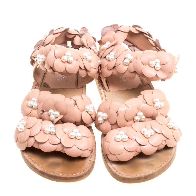 Chanel Beige Leather CC Camellia Flower and Faux Pearls Flat Sandals Size 39.5 (Orange)