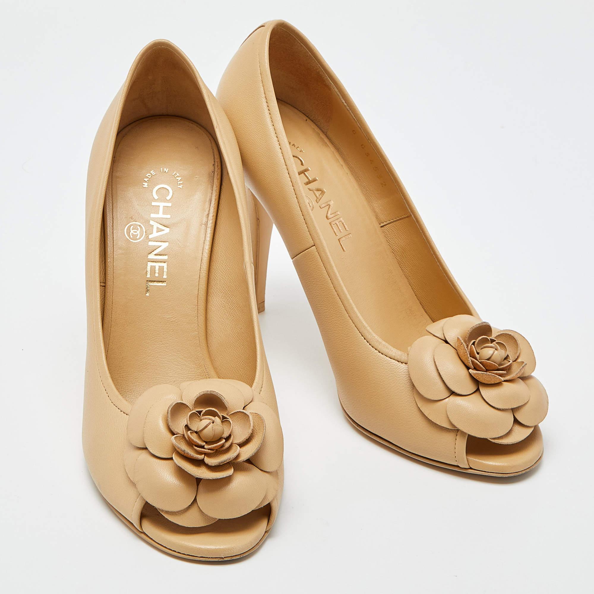 Chanel Beige Leather CC Camellia Peep Toe Pumps Size 39 1
