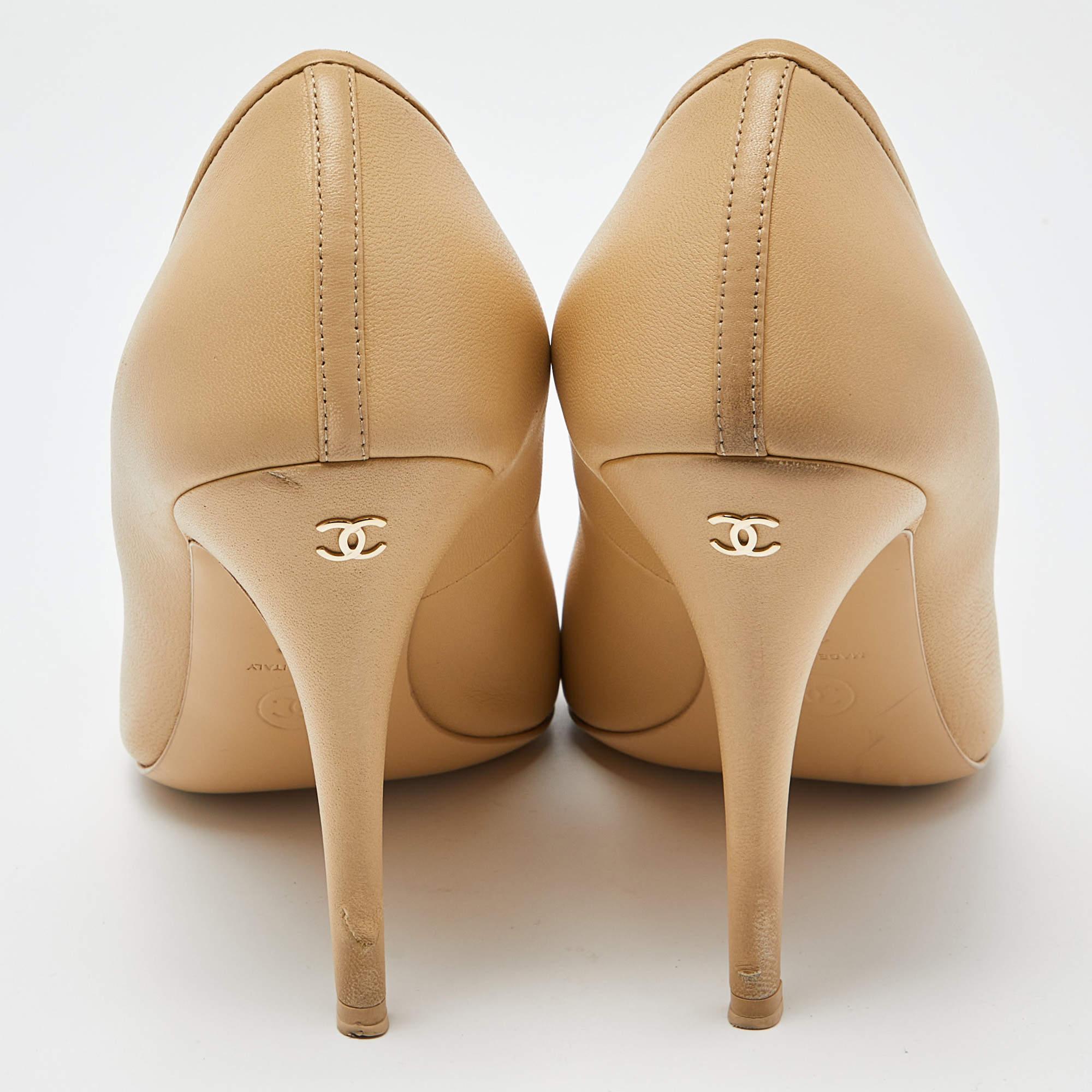 Chanel Beige Leather CC Camellia Peep Toe Pumps Size 39 2