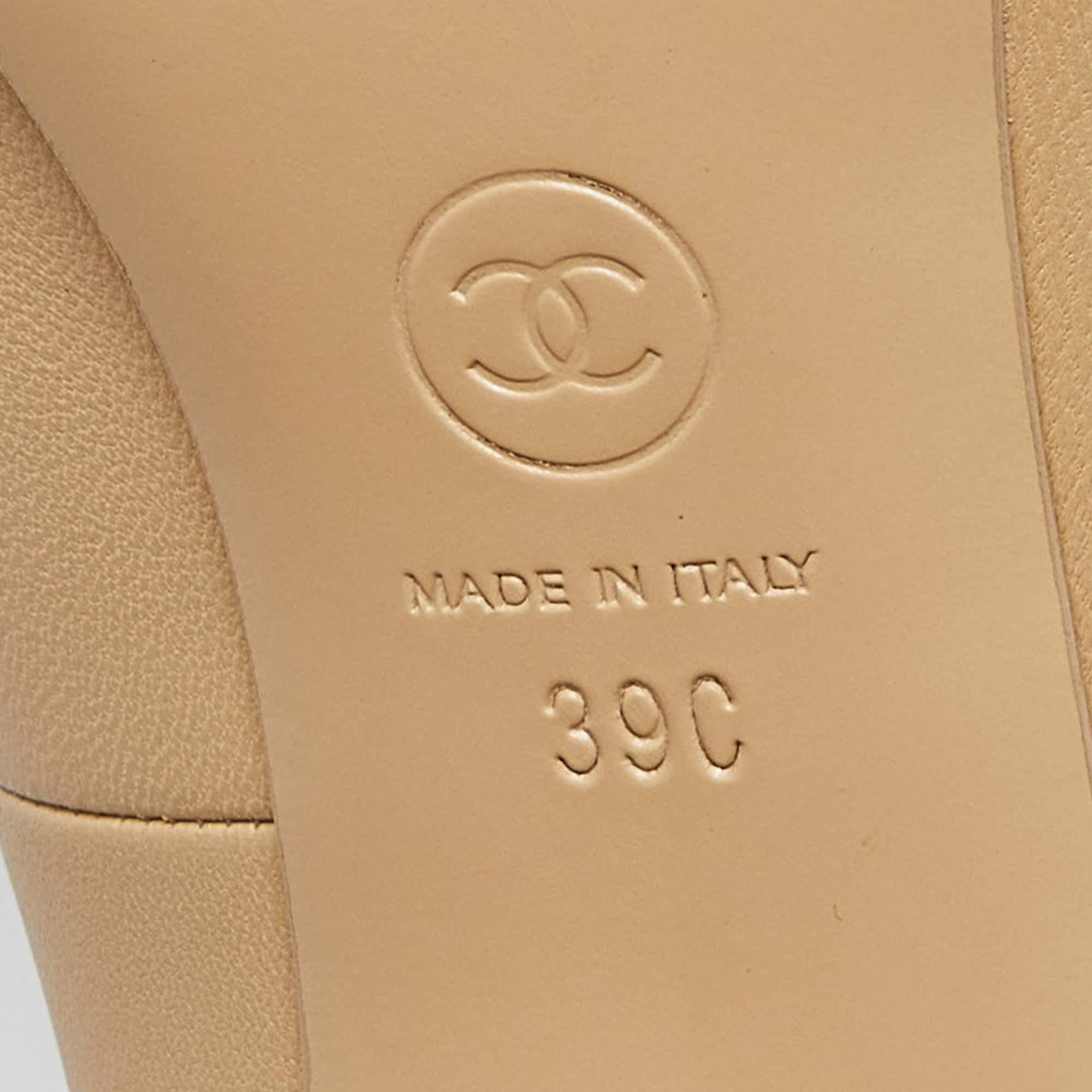 Chanel Beige Leather CC Camellia Peep Toe Pumps Size 39 4