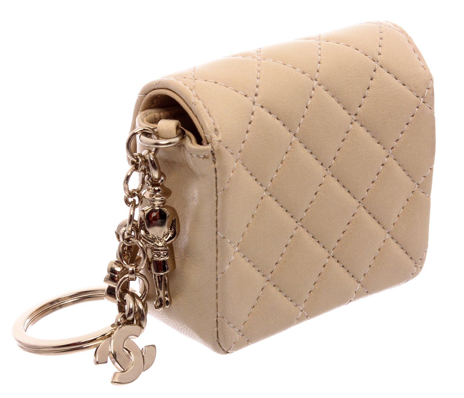 Chanel Beige Leather CC Mademoiselle Mini Flap Charm Key Ring 3