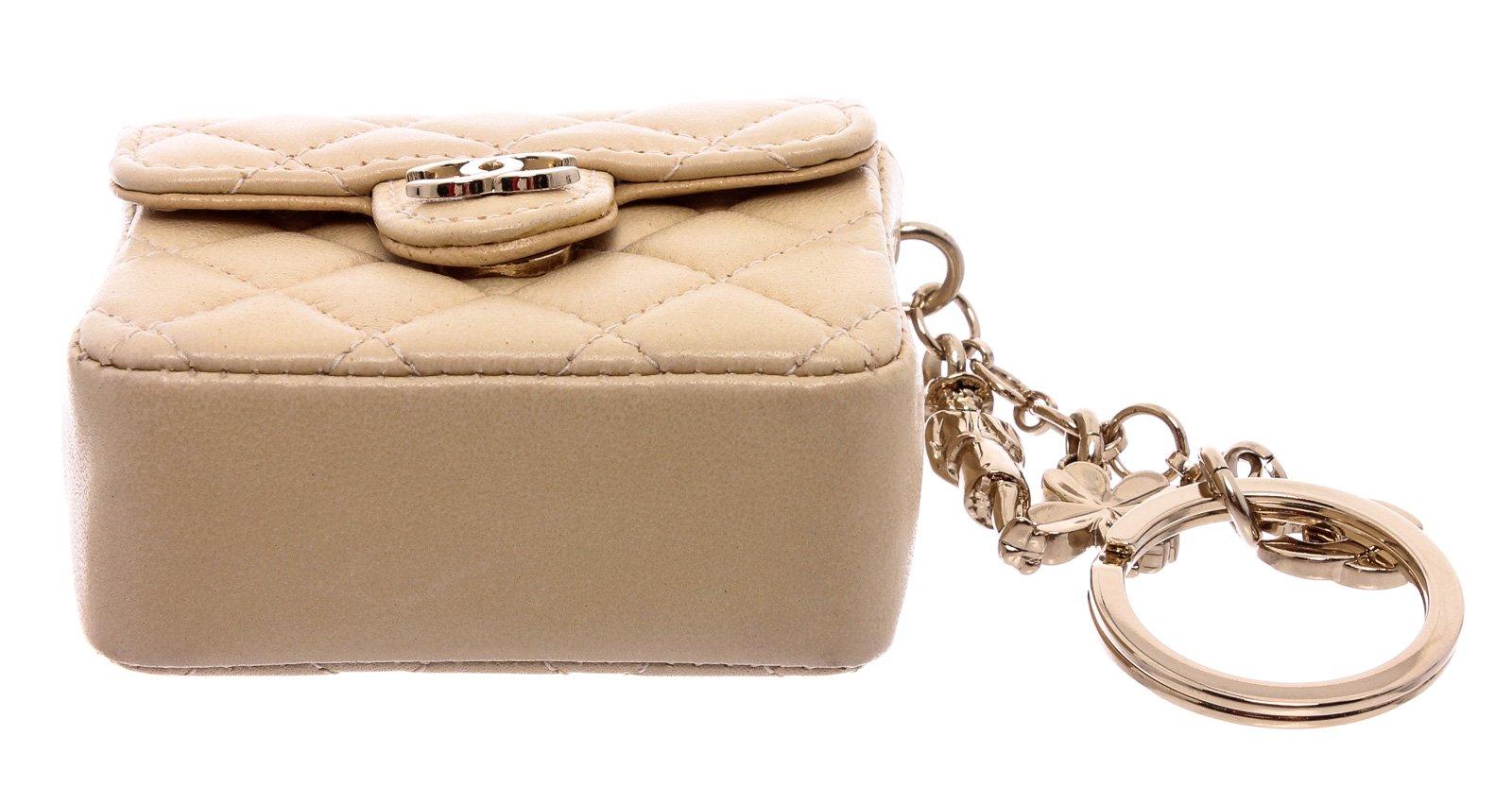 Women's Chanel Beige Leather CC Mademoiselle Mini Flap Charm Key Ring