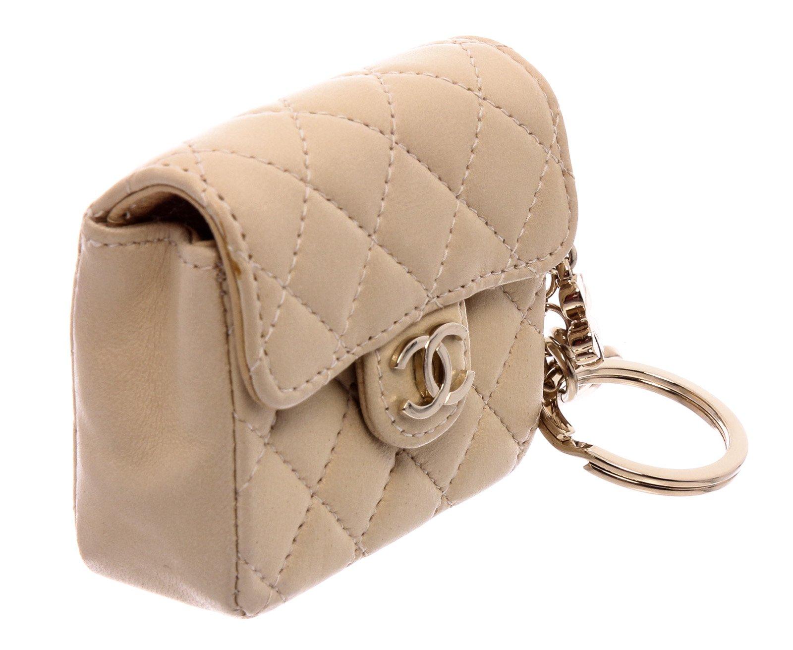 Chanel Beige Leather CC Mademoiselle Mini Flap Charm Key Ring 1