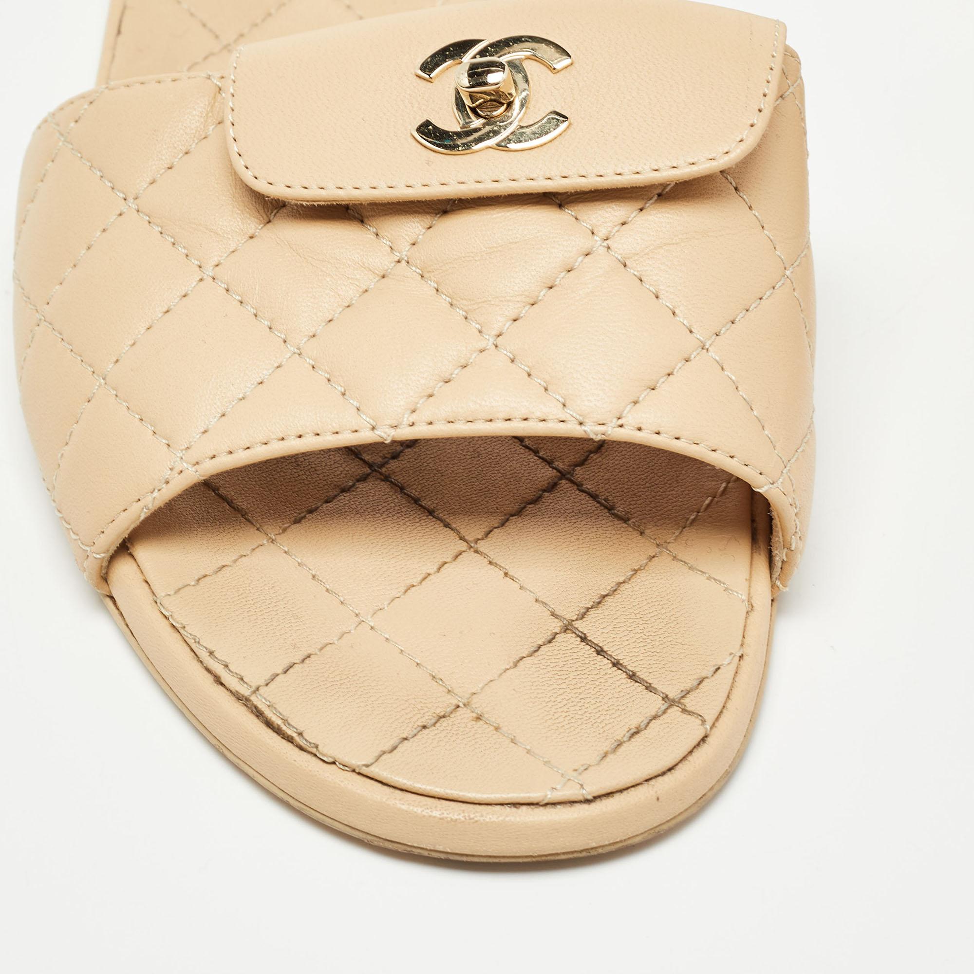 Chanel Beige Leather CC Turnlock Flat Slide Size 40 3