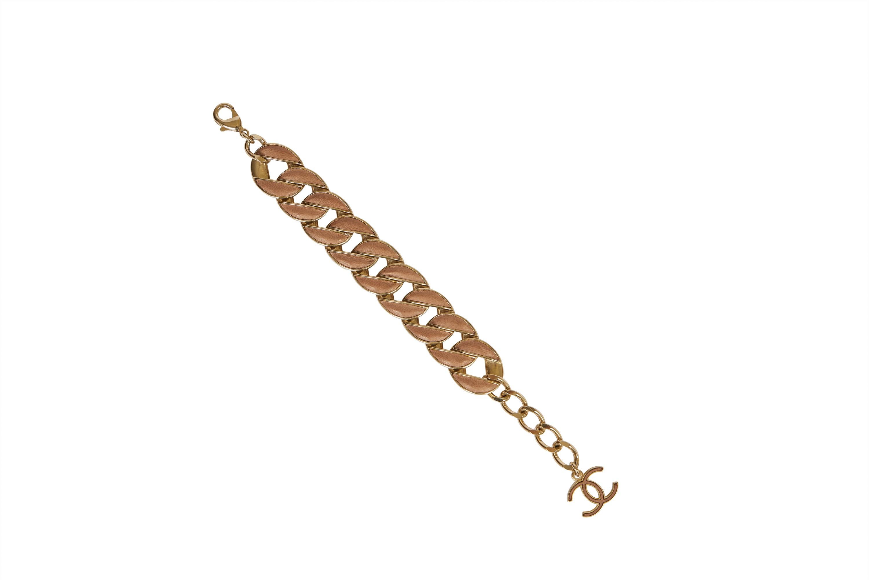 Chanel Beige Leather Chain Bracelet In Excellent Condition For Sale In West Hollywood, CA