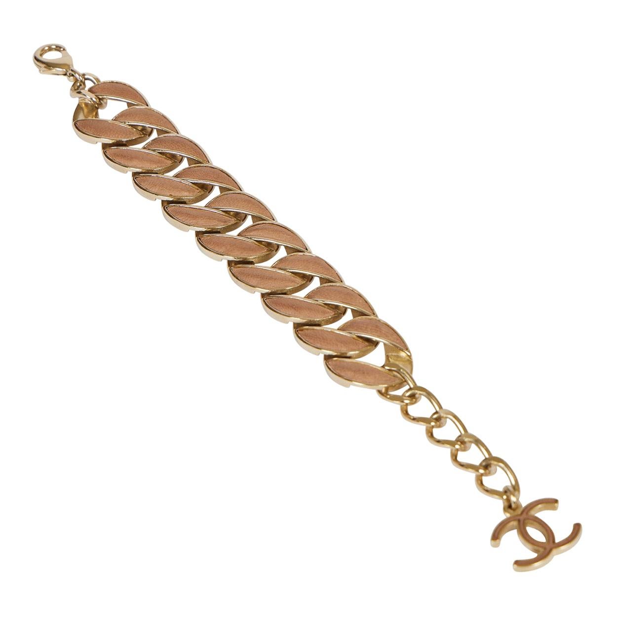 Chanel Beige Leather Chain Bracelet For Sale