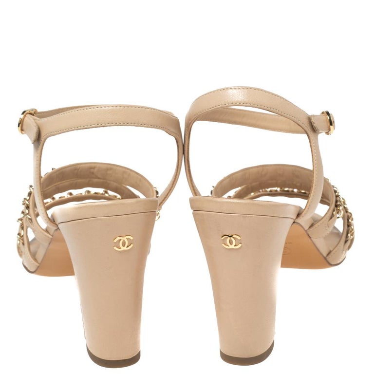 Chanel Beige Leather Chain Detail Ankle-Strap Sandals Size 41