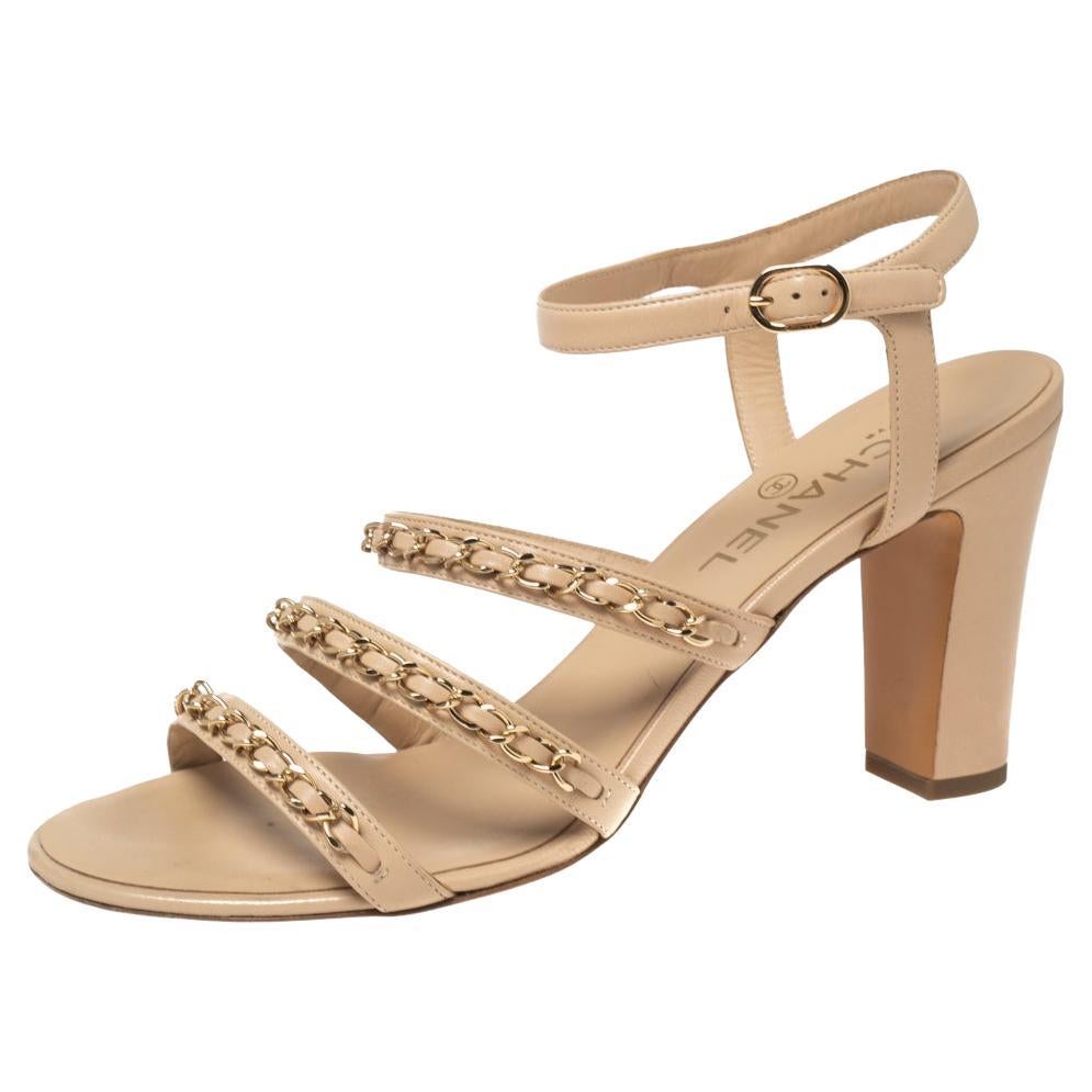 Chanel Beige Leather Chain Detail Ankle-Strap Sandals Size 41 at 1stDibs