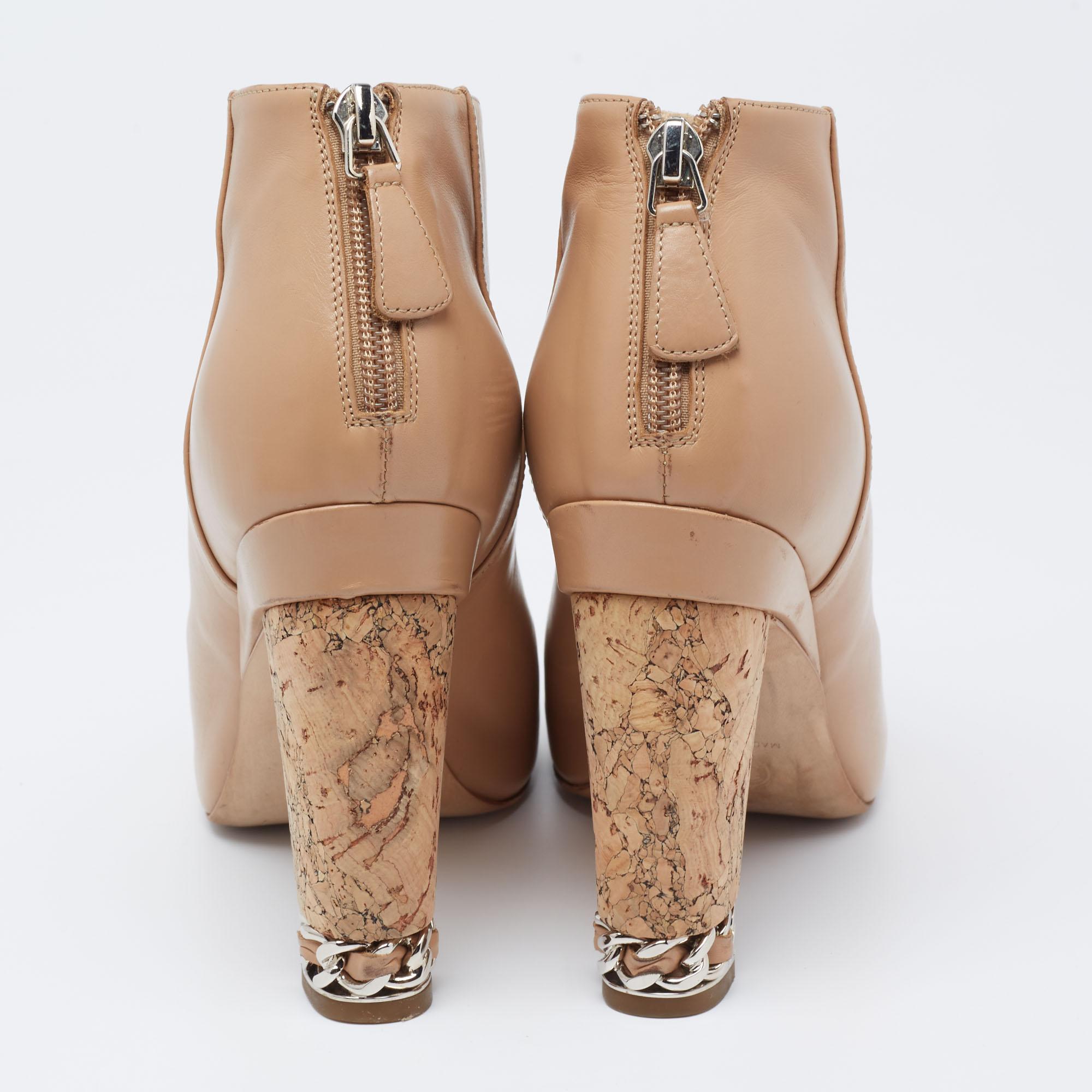 Chanel Beige Leather Chain Embellished Cork Heel Booties Size 37 For Sale  at 1stDibs