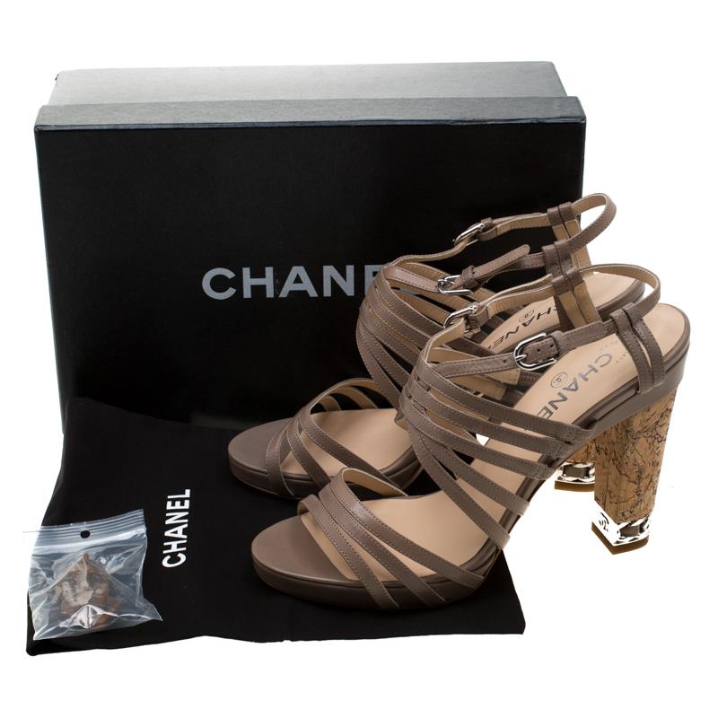 Chanel Beige Leather Chain Embellished Cork Heel Strappy Sandals Size 40 2