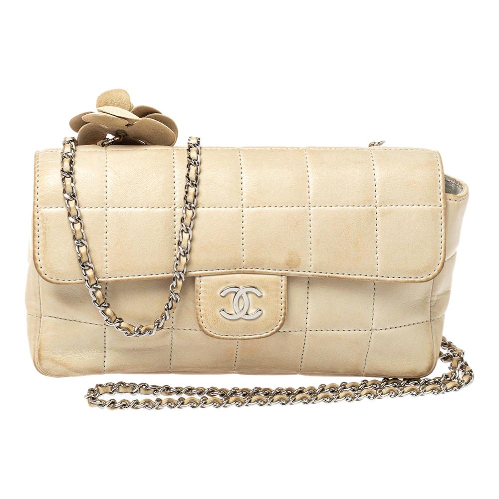 Chanel Beige Leather Chocolate Bar Camellia Mini Flap Bag