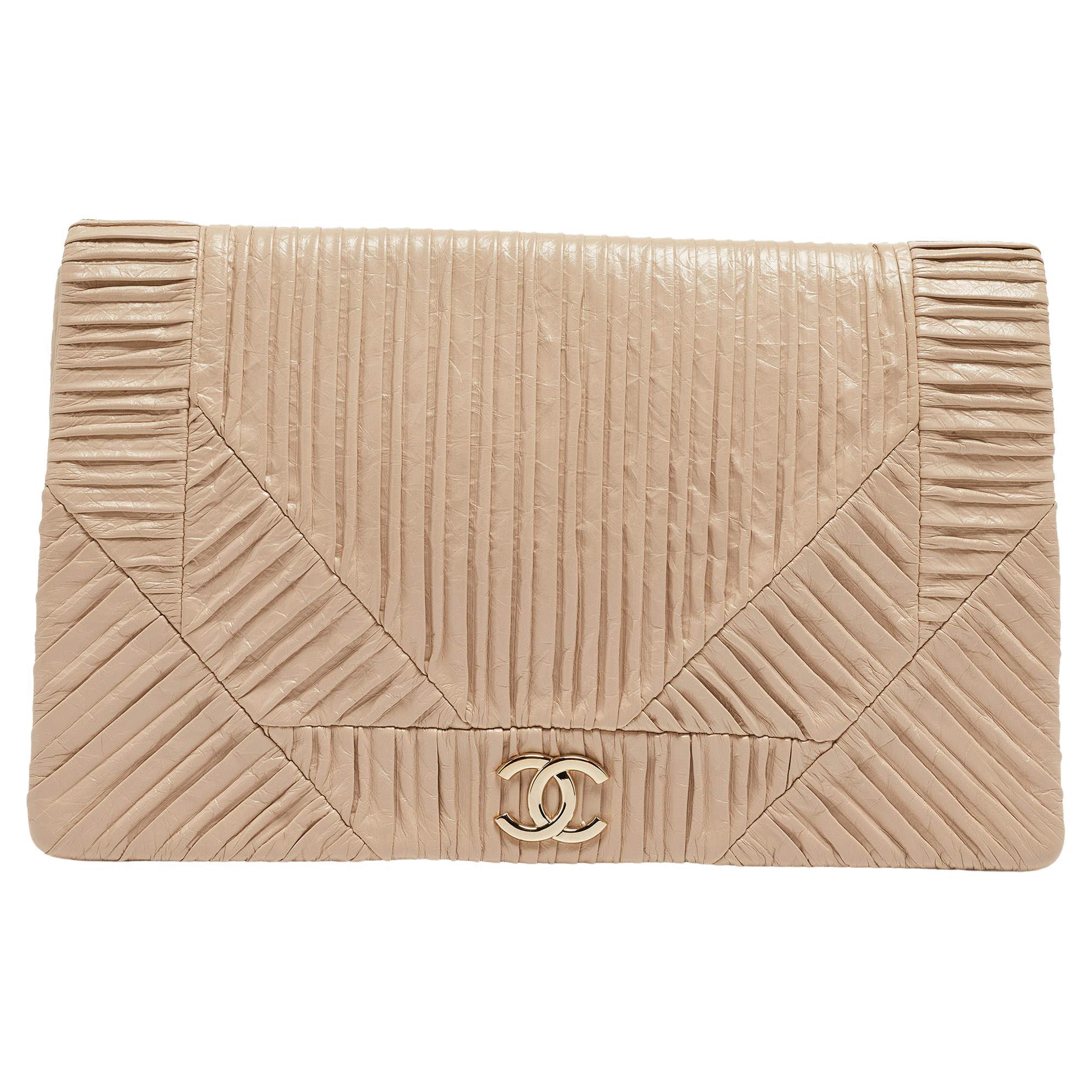 Chanel Beige Leather Coco Pleats Flap Clutch For Sale