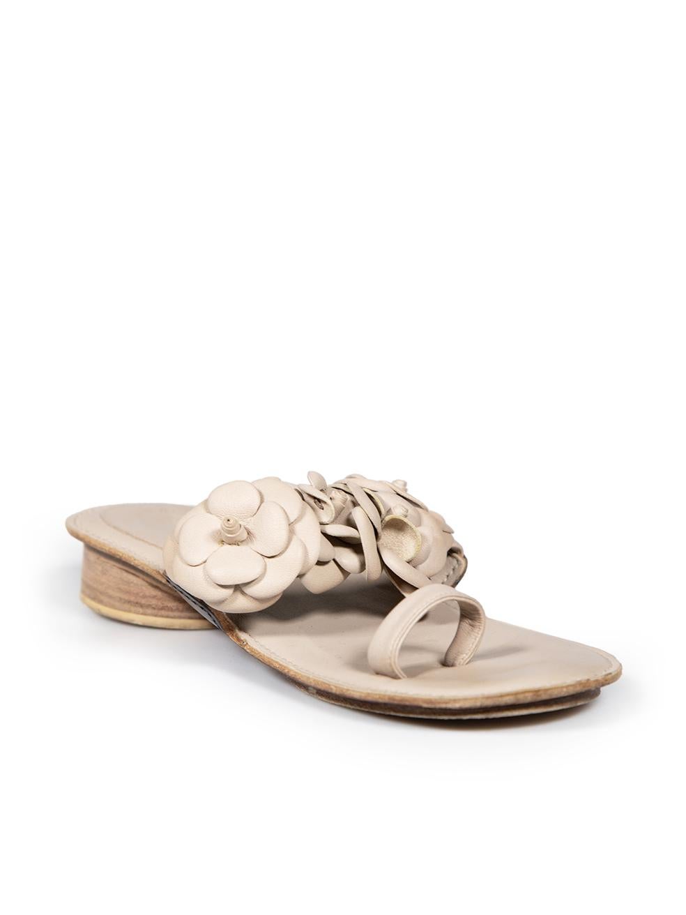 CONDITION is Very good. Minimal wear to sandals is evident. Wear to soles, with fading of the insole brand logo to the left shoe on this used Chanel designer resale item.
 
 
 
 Details
 
 
 Beige
 
 Leather
 
 Sandals
 
 Floral strap detail
 
