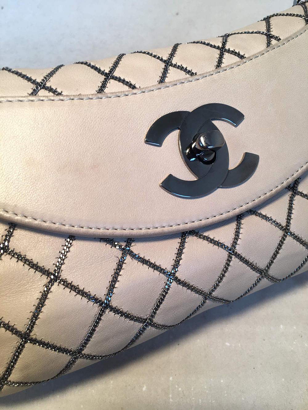 Chanel Beige Leather Chain Stitch Classic Flap Shoulder Bag 2