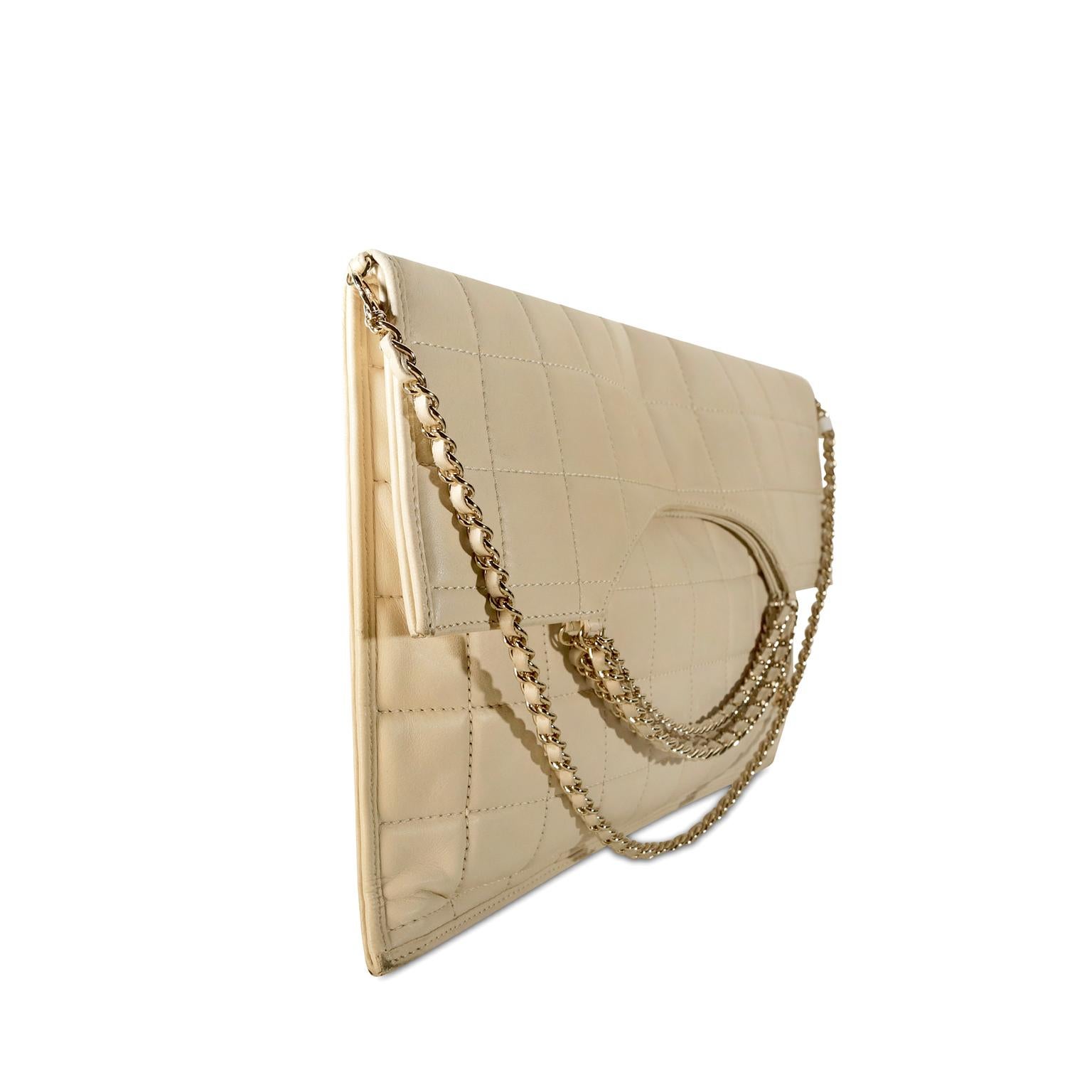 Chanel Beige Leather Multi Chain Convertible Envelope Clutch In Excellent Condition In Palm Beach, FL