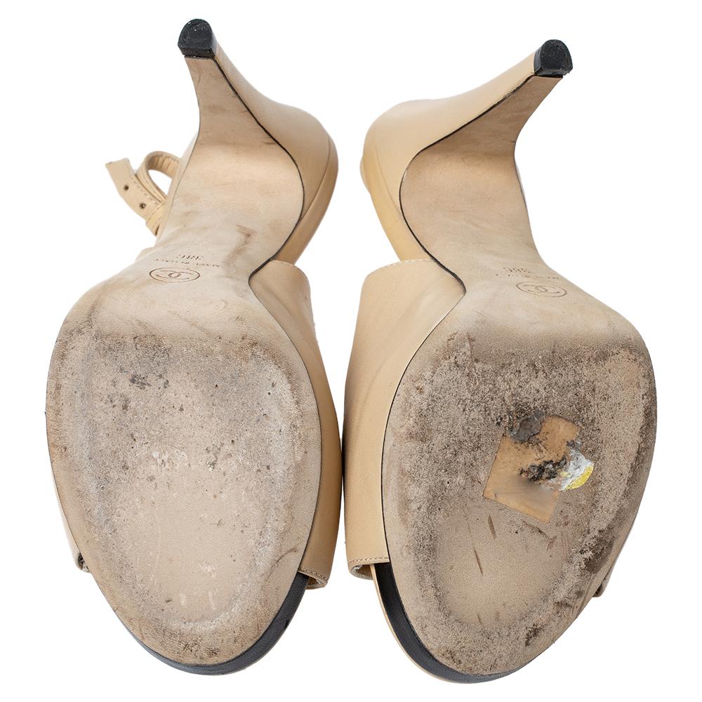 Women's Chanel Beige Leather Open Toe Platform CC Slingback Sandals Size 38