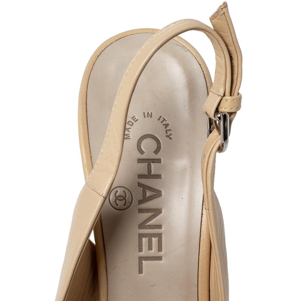 Chanel Beige Leather Open Toe Platform CC Slingback Sandals Size 38 2