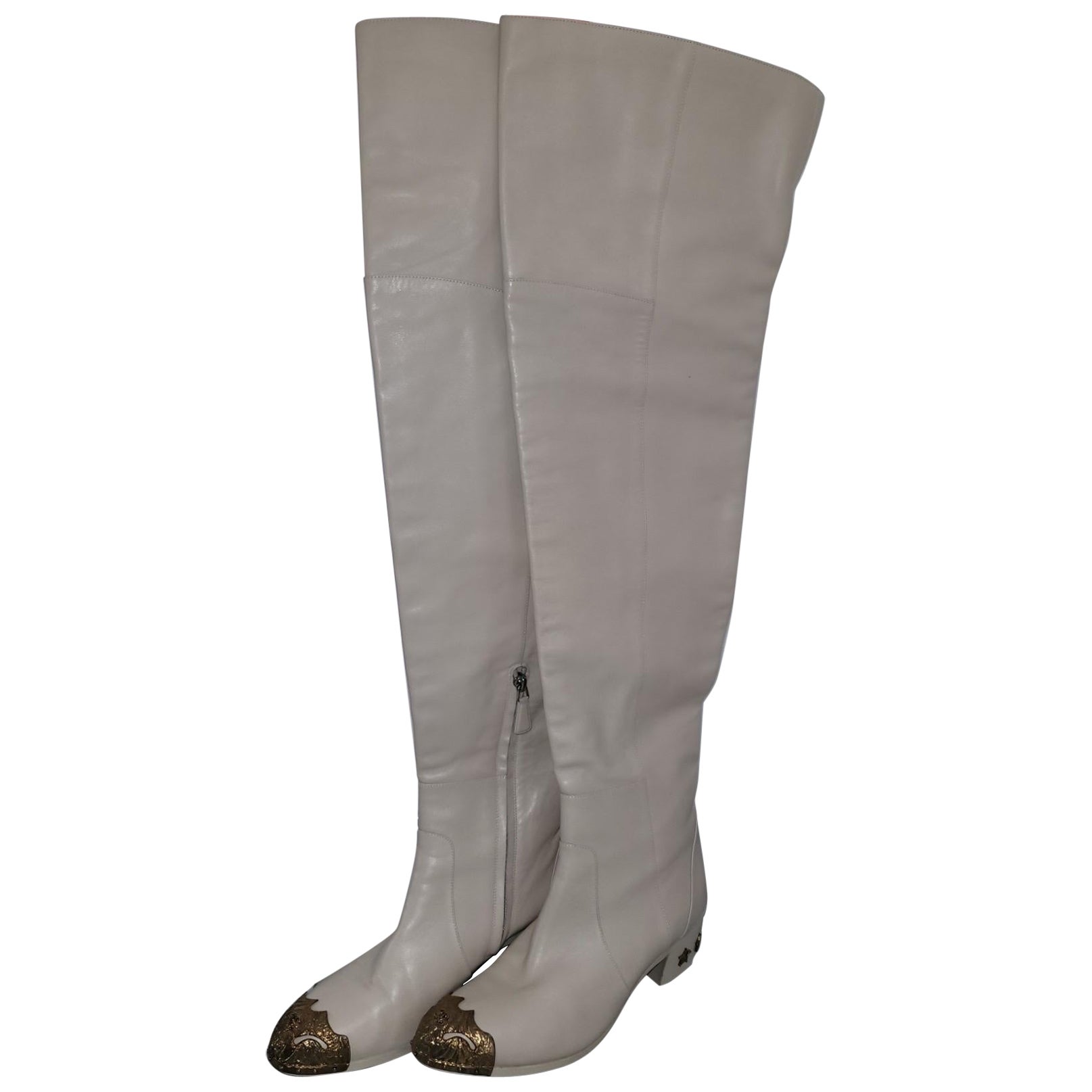Chanel Beige Leather Paris Dallas Metal Cap Toe Thigh High Boots/Bootie Sz. 40