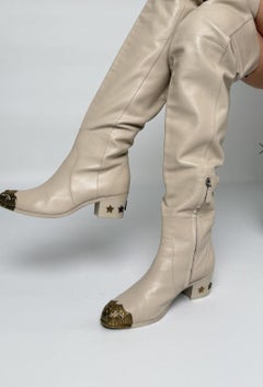 Chanel Beige Leather Paris Dallas Metal Cap Toe Thigh High Boots/Bootie Sz. 40