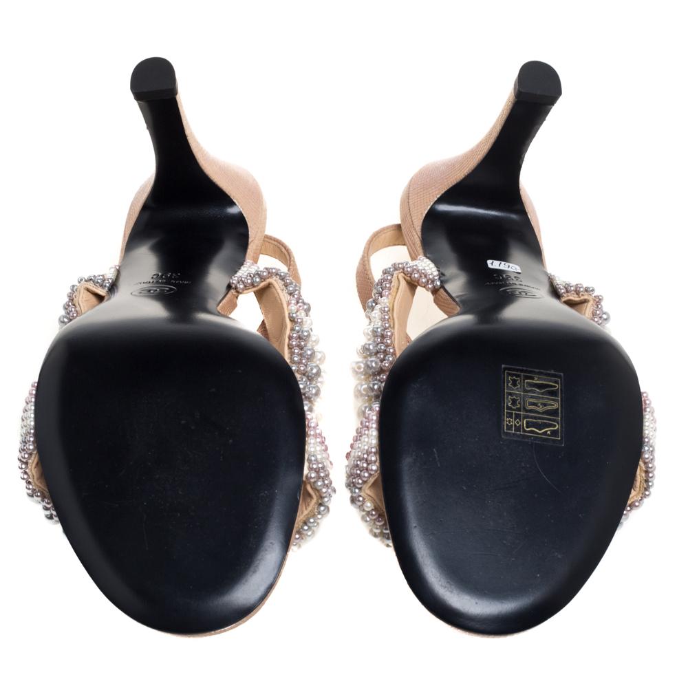 Women's Chanel Beige Leather Pearl Strap Sandals Size 39
