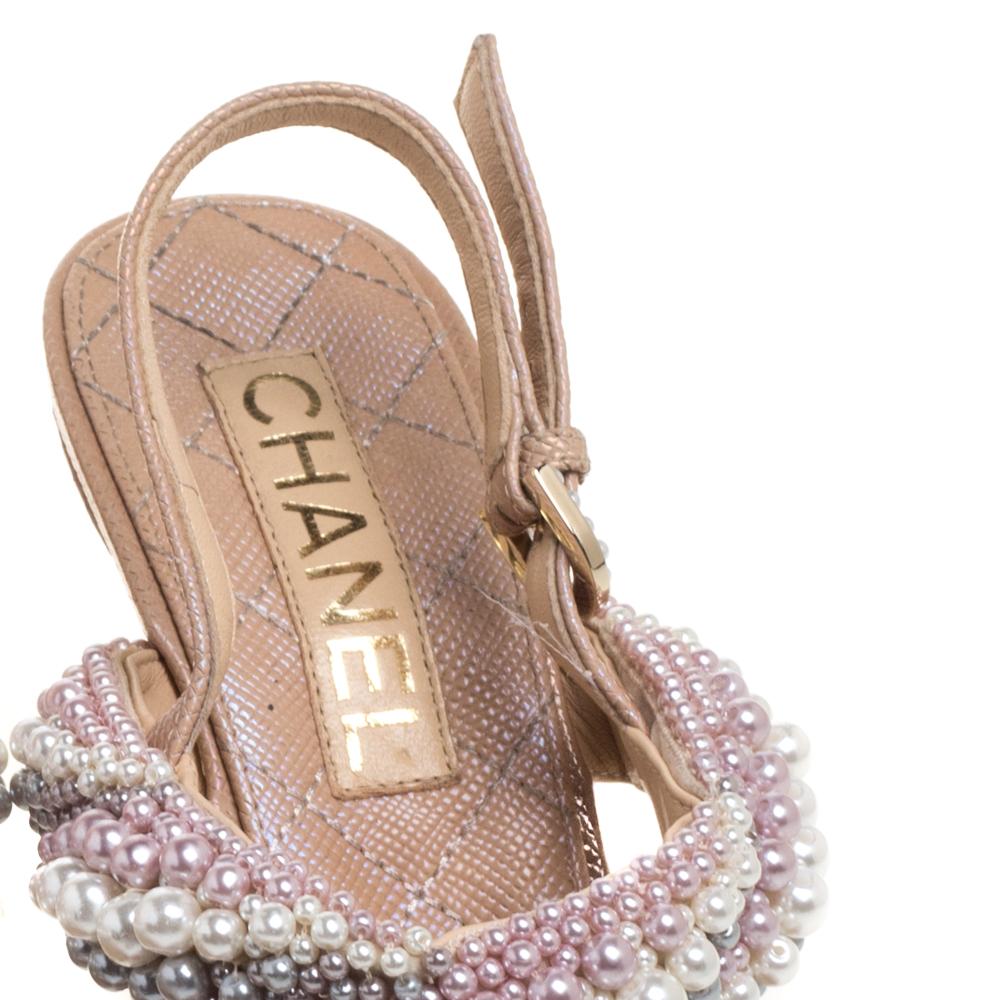 Chanel Beige Leather Pearl Strap Sandals Size 39 2