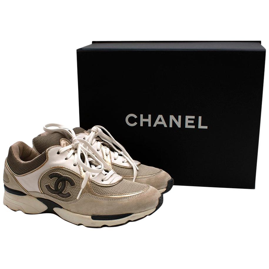 Chanel Beige Leather, Suede & Mesh CC Trainers - Size 37.5