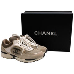 Chanel Beige Leather, Suede & Mesh CC Trainers - Size 37.5