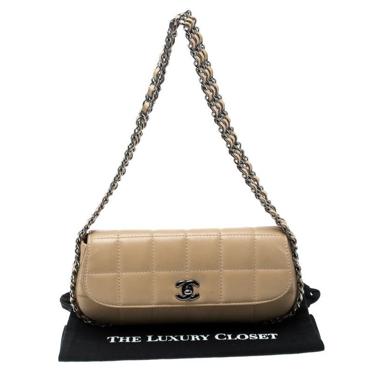 Chanel Beige Leather Triple Chain Chocolate Bar Flap Shoulder Bag For Sale  at 1stDibs