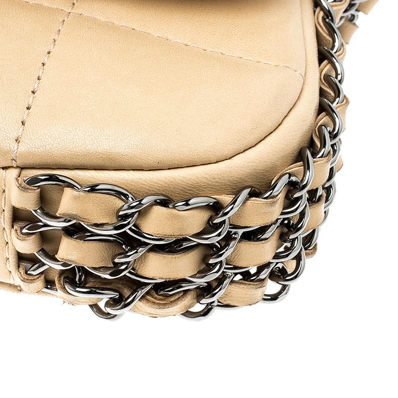 Chanel Beige Leather Triple Chain Chocolate Bar Flap Shoulder Bag 7