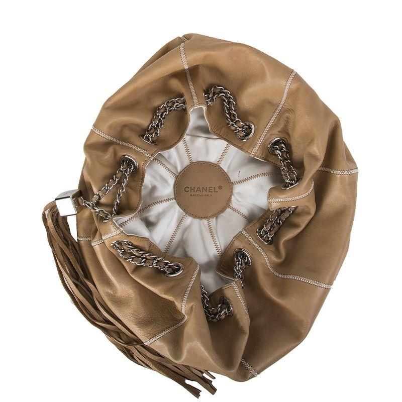 Brown Chanel beige leather & white satin REVERSIBLE TASSEL SMALL BUCKET Bag
