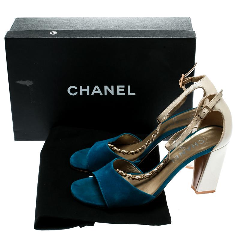 Chanel Beige Leather With Blue Suede T Strap Block Heel Sandals Size 38 3