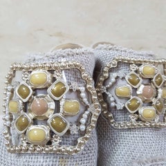 Chanel Beige Linen 10P Runway Jeweled Cabachon Crystal Pearl Clog