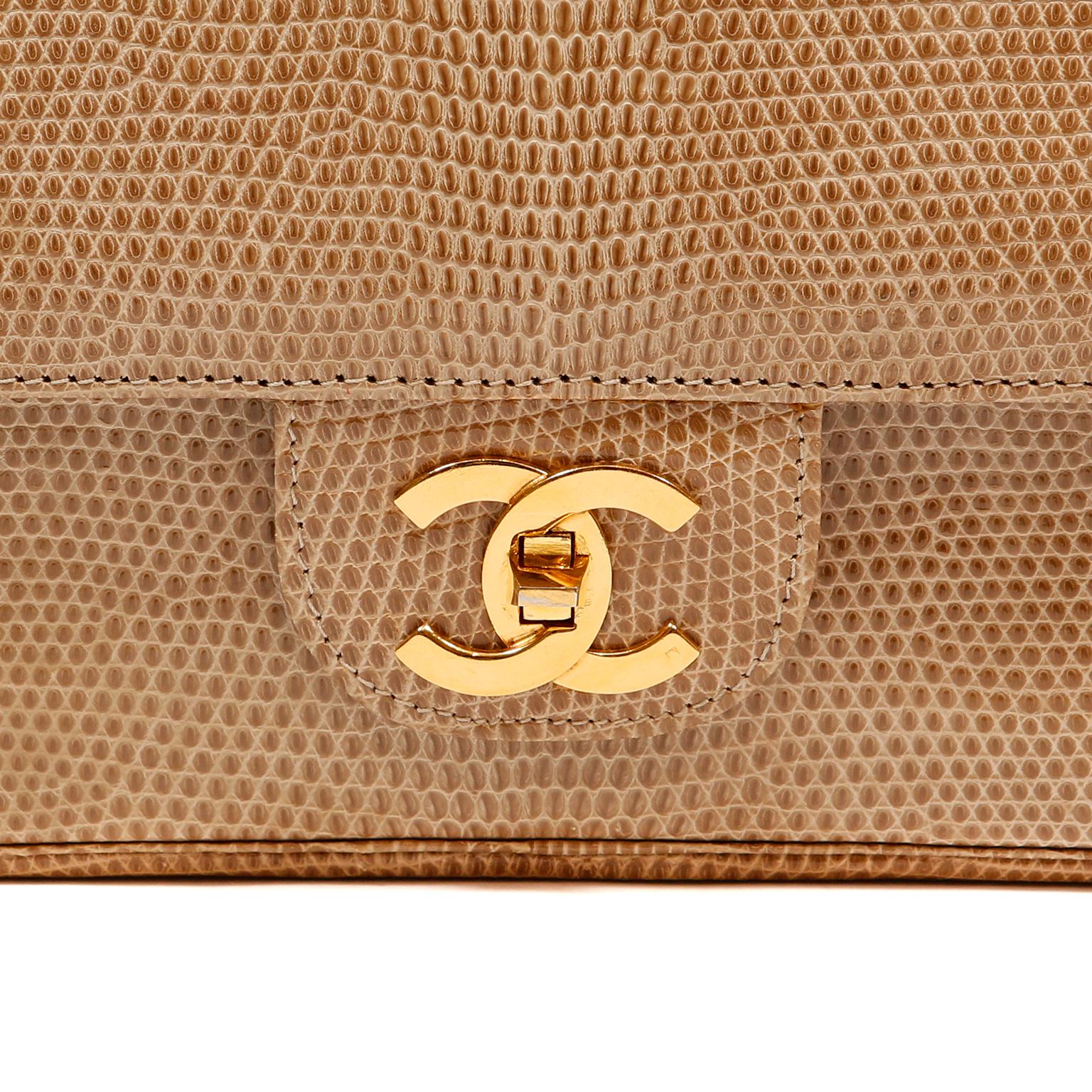 Chanel Bolso Vintage Beige Lagarto Clásico Doble Solapa Mediana en Bueno Estado en Palm Beach, FL