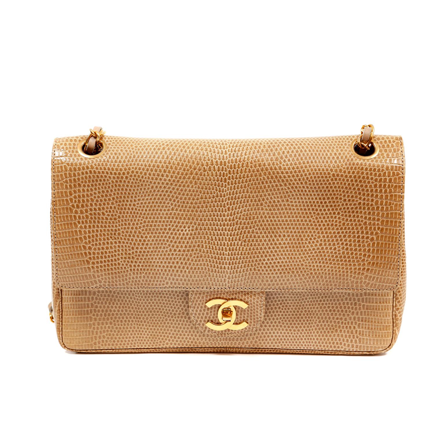 Chanel Beige Lizard Medium Classic Double Flap Vintage Bag In Good Condition In Palm Beach, FL