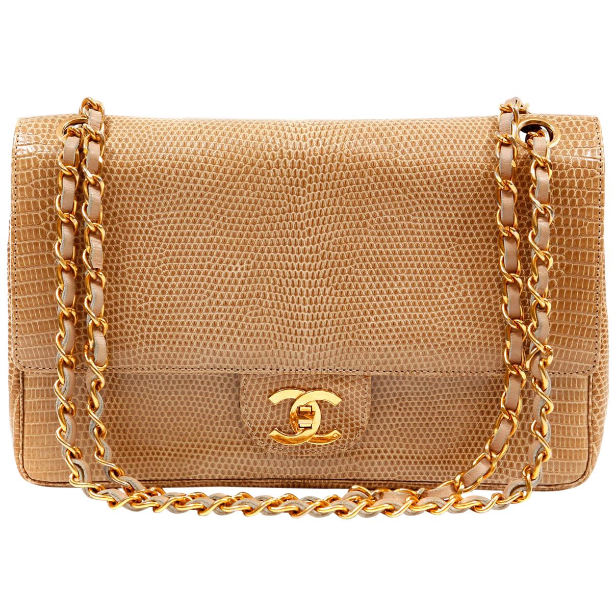 Chanel Beige Lizard Medium Classic Double Flap Vintage Bag at