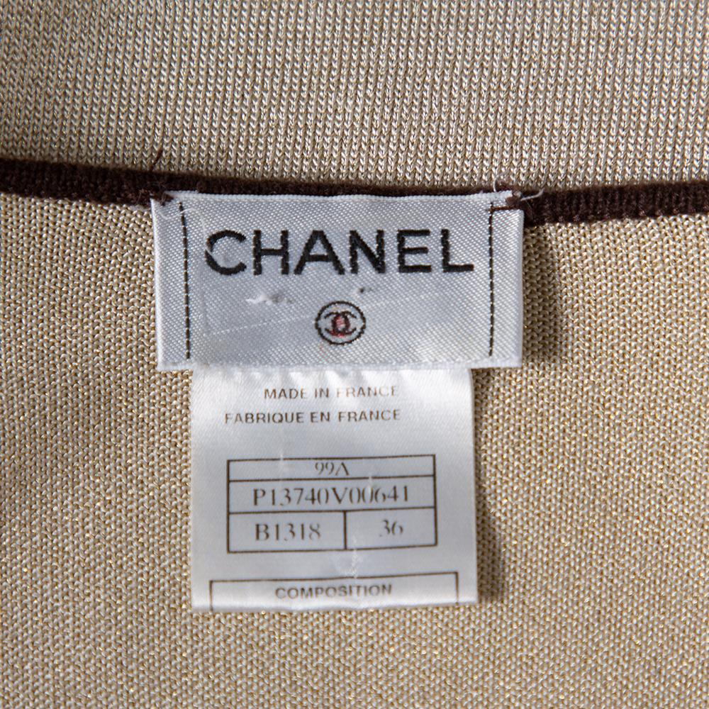 Chanel Beige Lurex Knit Contrast Detail Round Neck Top S 1