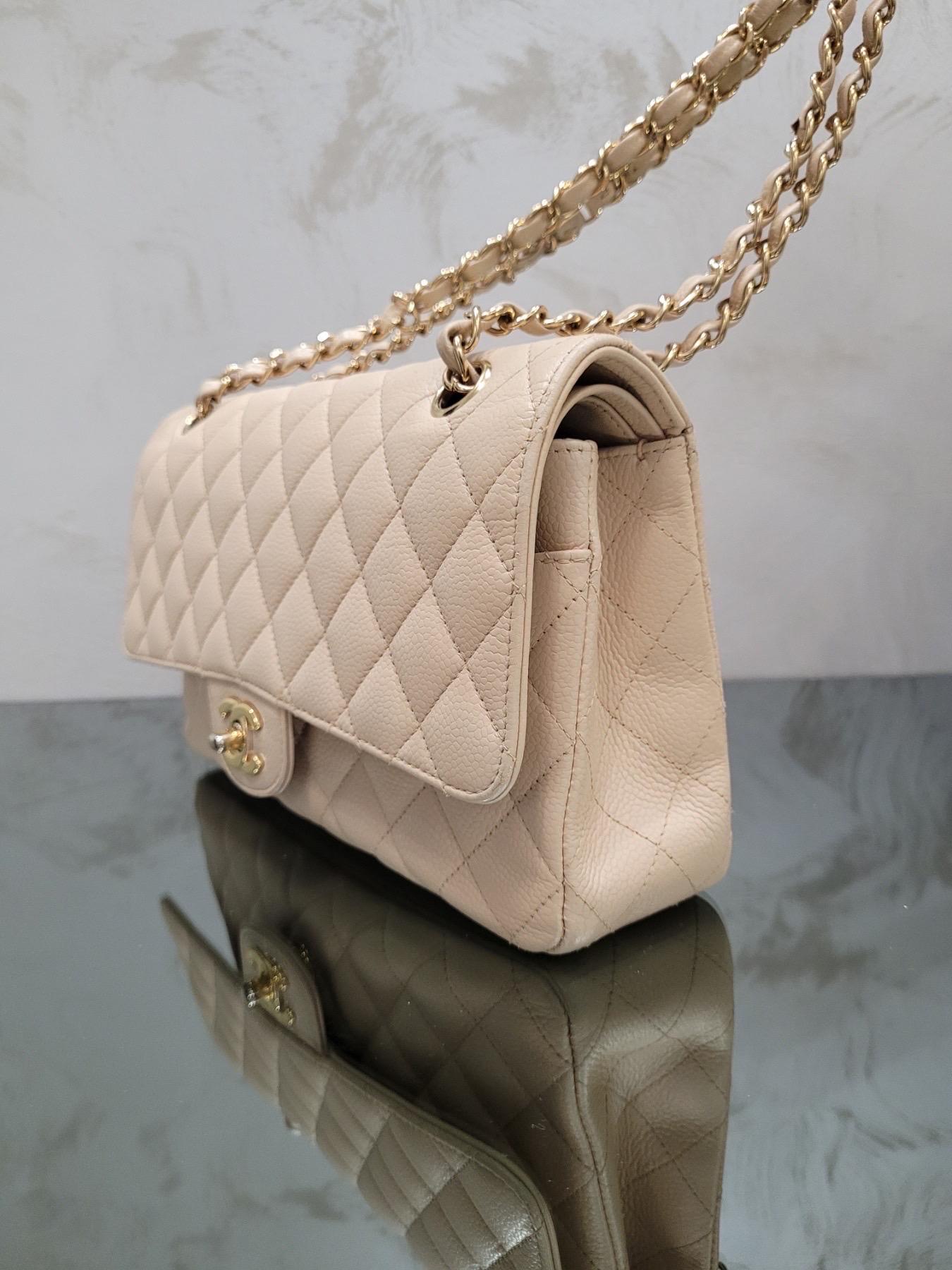 Chanel Beige Medium Caviar Timeless Classic Double Flap Bag For Sale 5