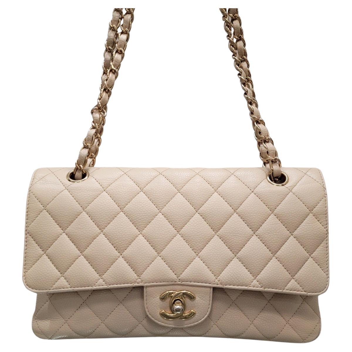 Chanel Beige Medium Caviar Timeless Classic Double Flap Bag For Sale