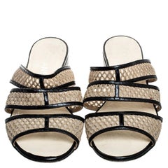 Chanel Beige Mesh And Black Leather Trim Slide Flats Size 39