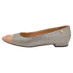 Chanel Beige Metallic Fabric Patent Leather CC Cap Toe Ballet Flats Size 38.5