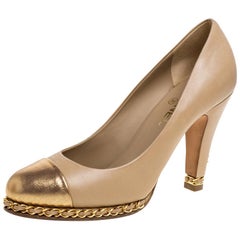 Chanel Beige/Metallic Gold Leather Cap Toe Chain Platform Pumps Size 40