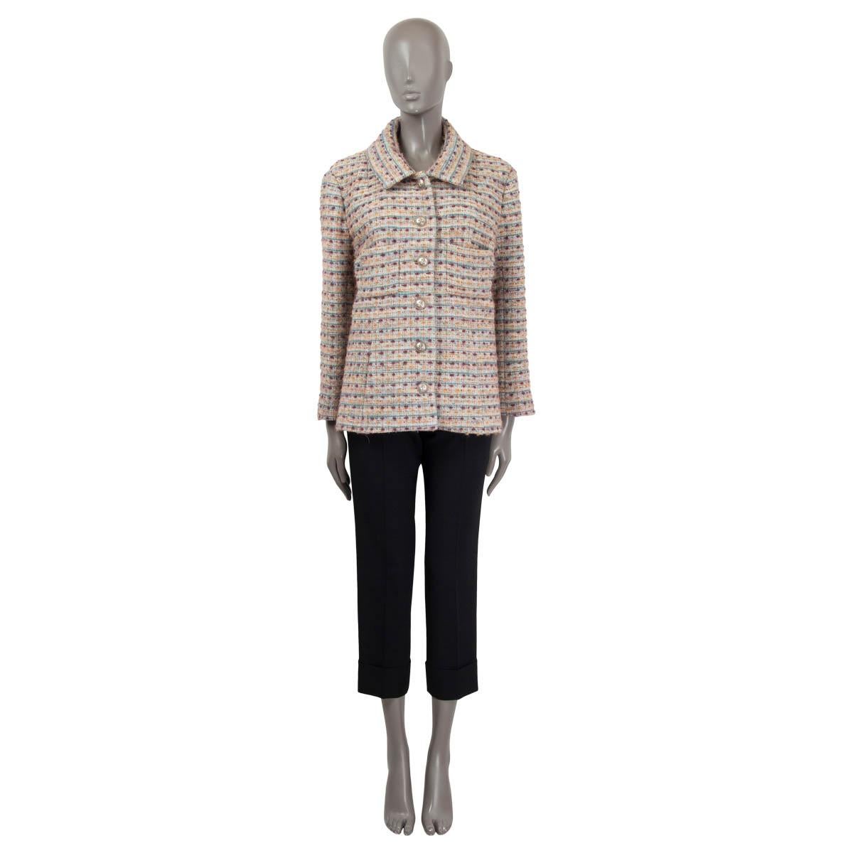 100% authentic Chanel 2018 Hamburg bouclé tweed jacket in pale petrol, plum, pink, yellow and beige wool (51%), viscose (18%), polyamide (15%), mohair (5%), alpaca (5%), polyester (4%) and acrylic (2%). The design features six anchor embellished