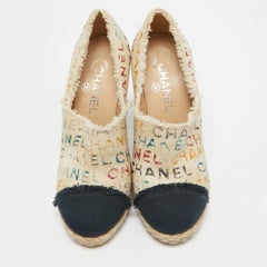 Escarpins espadrilles Chanel en toile graffiti beige/bleu marine, taille 38