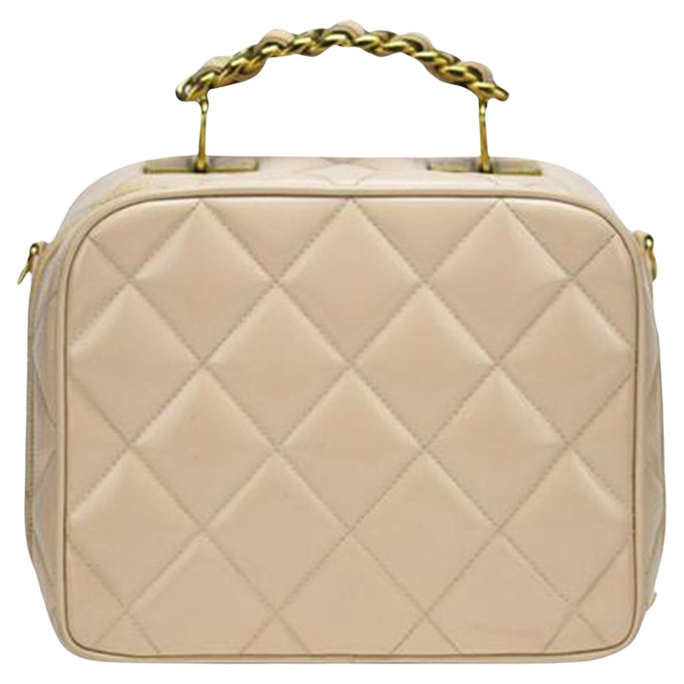 Women's or Men's Chanel Beige Nude Patent Camera Mini Quilted Cross Body Travel Bag For Sale