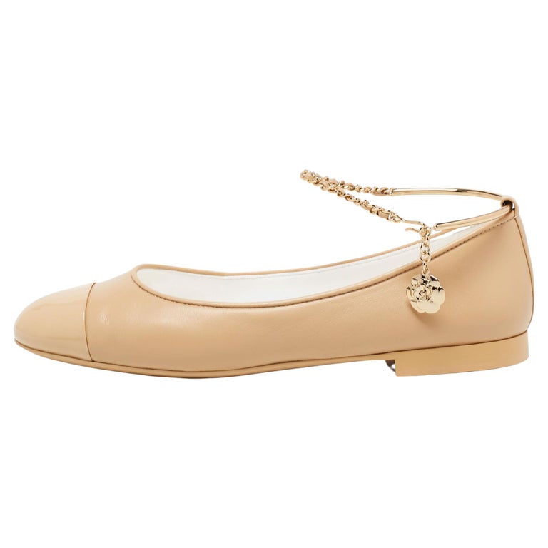 Chanel Beige Patent and Leather Cap Toe Ankle Chain Ballerina