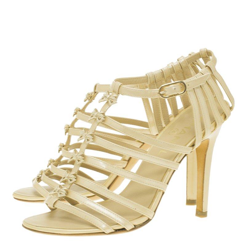 Chanel Beige Patent Bow Embellished Cage Sandals Size 36 6