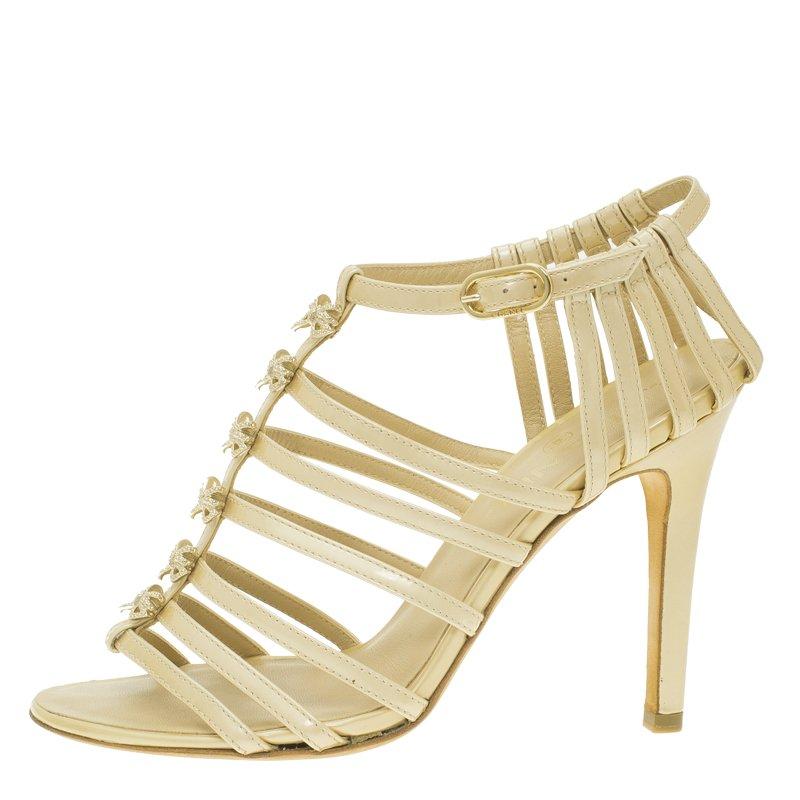 Chanel Beige Patent Bow Embellished Cage Sandals Size 36 8